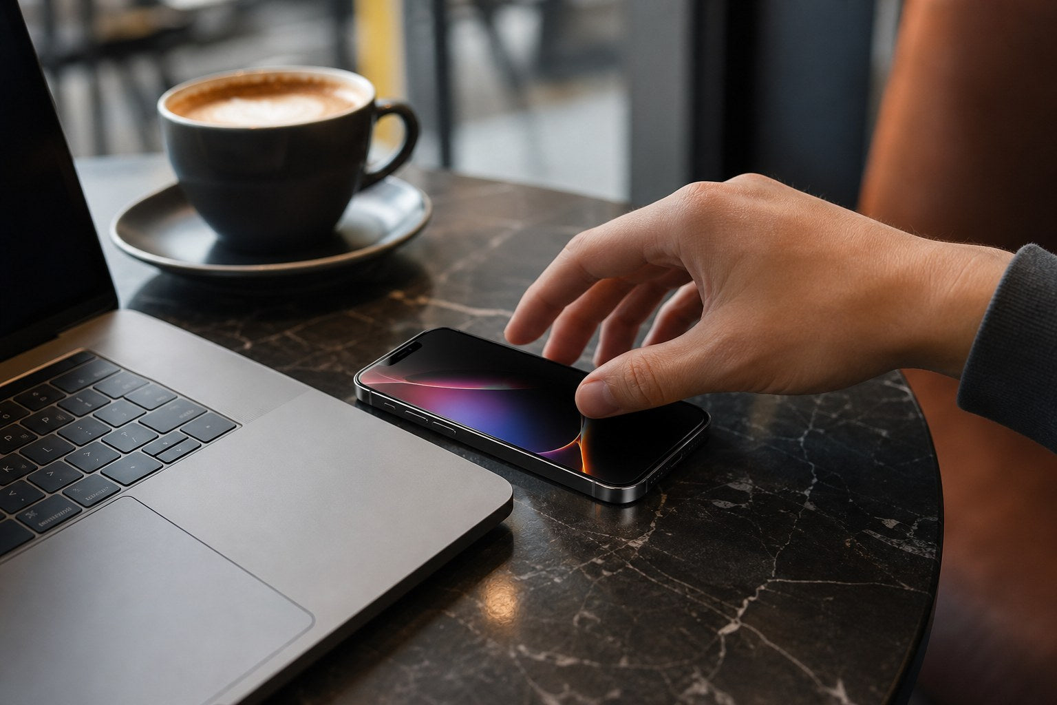 iPhone privacy screen protector on cafe table beside laptop