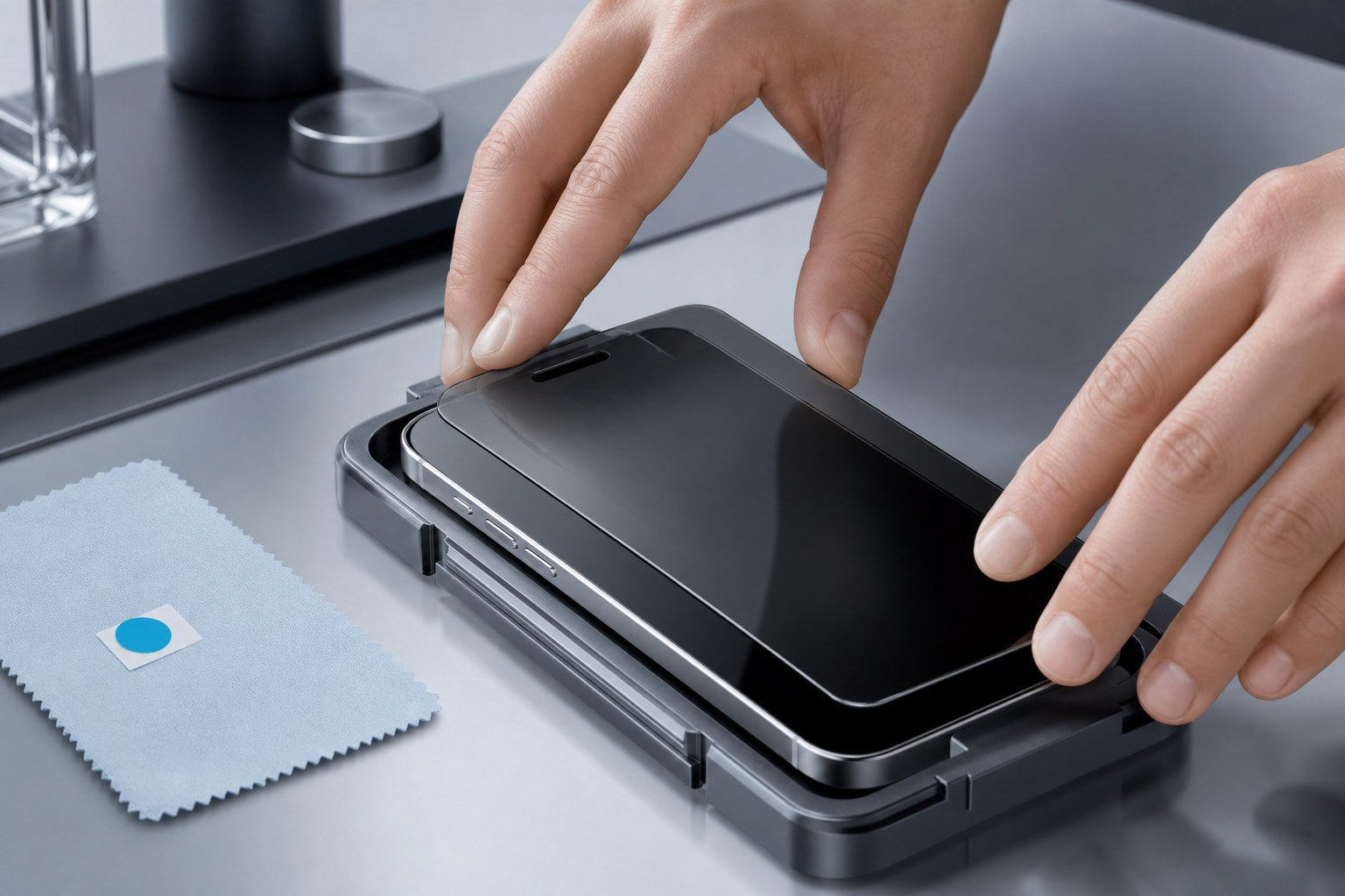 Installing privacy tempered glass with alignment tray on iPhone